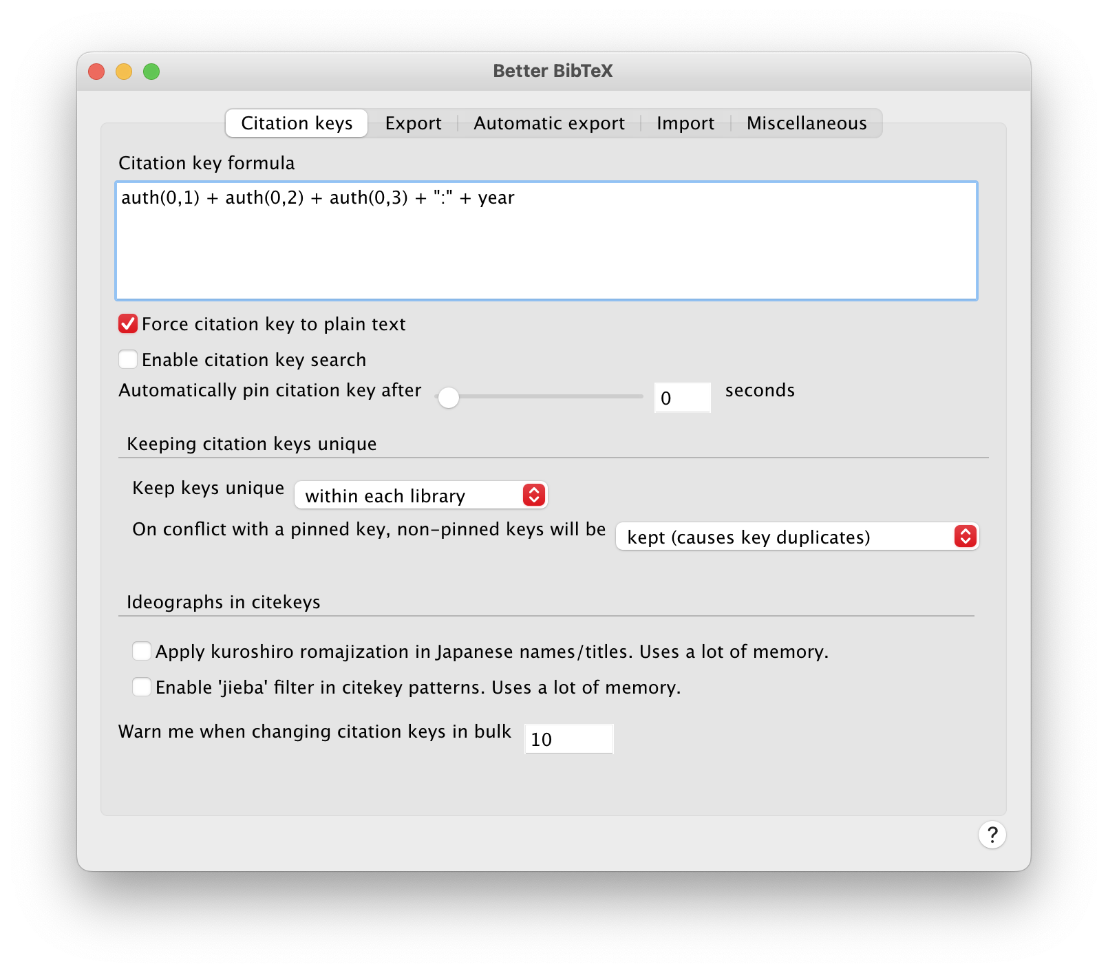 Better BibTeX settings