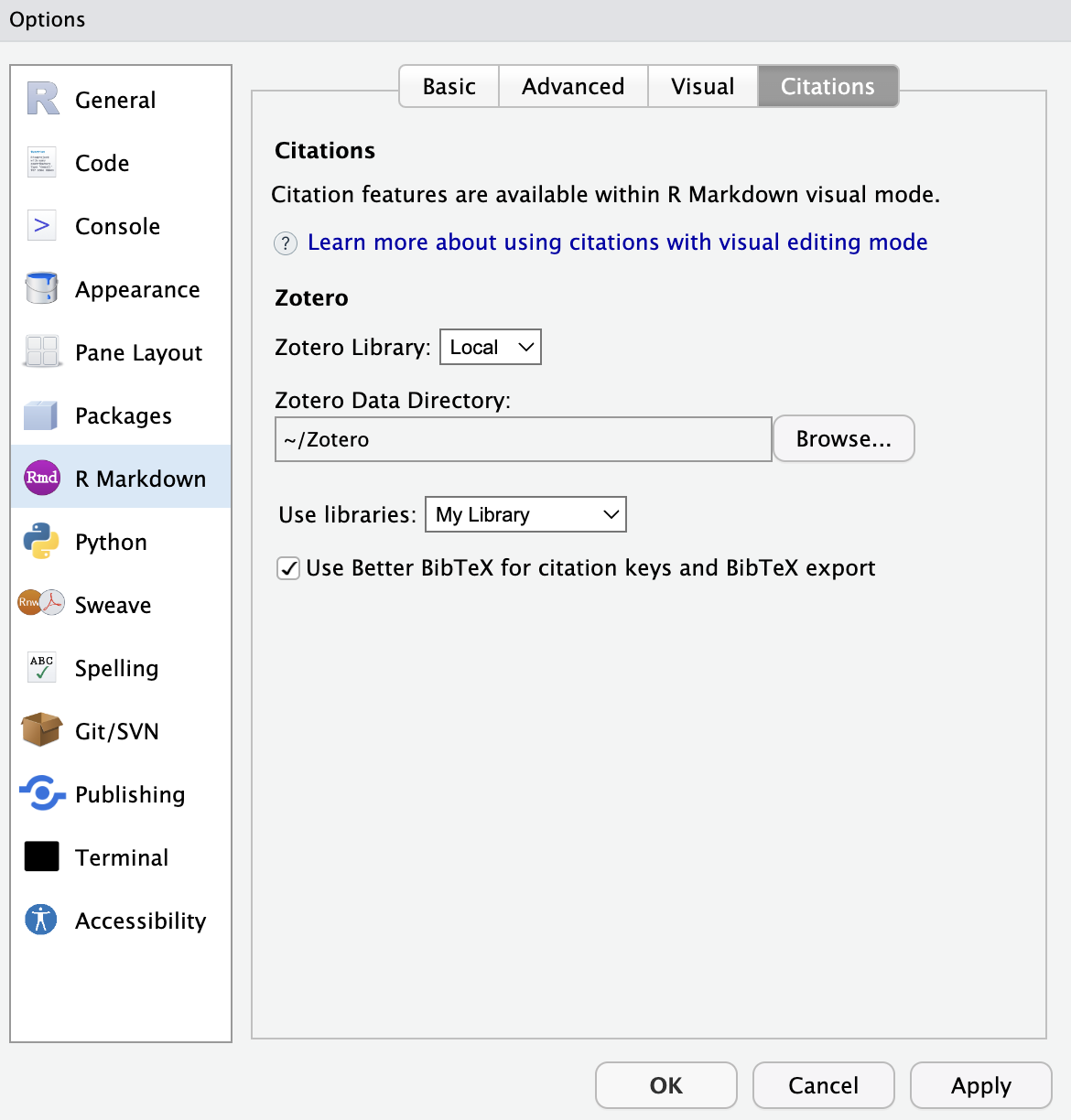 RStudio preferences pane for enabling Zotero