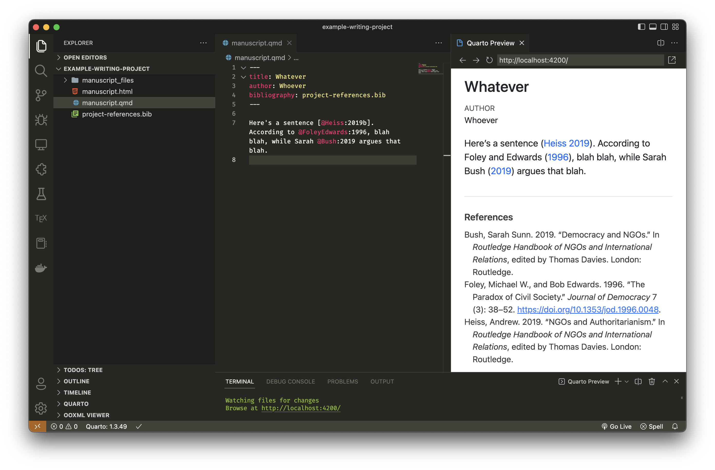 Visual Studio Code with a Quarto Markdown file configured to look at an auto-updating .bib file exported from Zotero