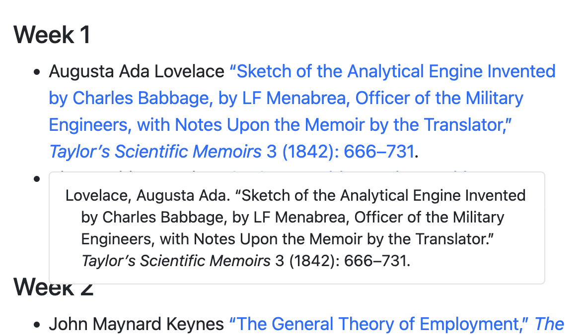 Citation reference hovering popup